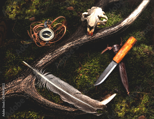 Finnish hunting knife with leather sheath, compass, and antler on moss.