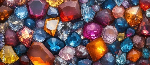 close-up pile of multicolored faceted gemstones and crystals in various shapes and sizes, sparkling and vibrant, evoking luxury and joyful energy
