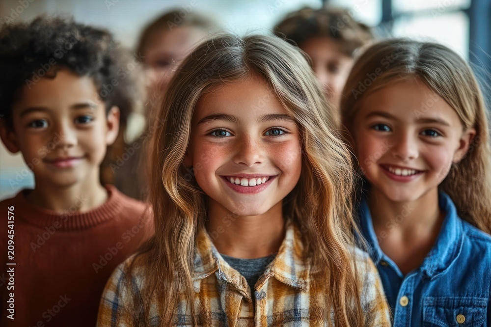 Obraz premium three children standing close together indoors with thoughtful serious expressions wearing casual shirts