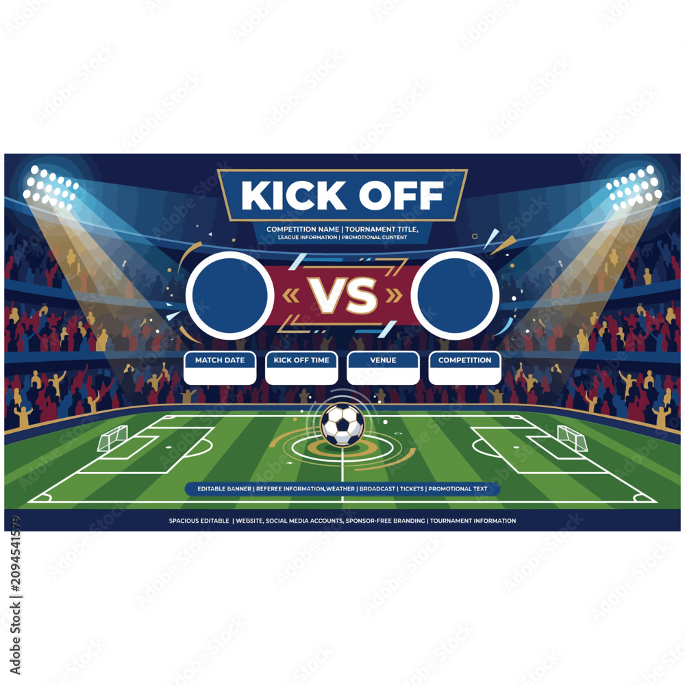Obraz premium Professional soccer kick off match graphic template with football, scoreboard