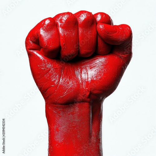 Glossy red painted human fist clenched and raised against a white background, conveying defiance, strength, determination and solidarity