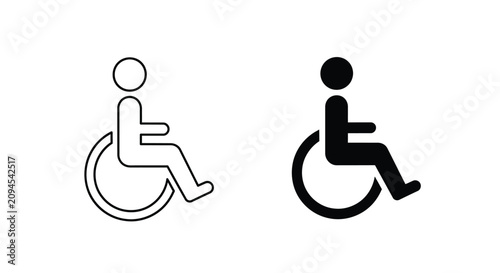 Two simple wheelchair accessibility icons displayed as a bold solid black shape and a thin minimalist outline