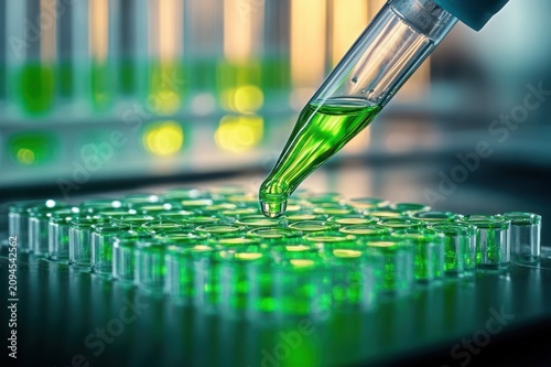 Close-up of a pipette releasing a vibrant green droplet into wells of a clear microplate with blurred test tubes and glowing bokeh, conveying meticulous scientific precision