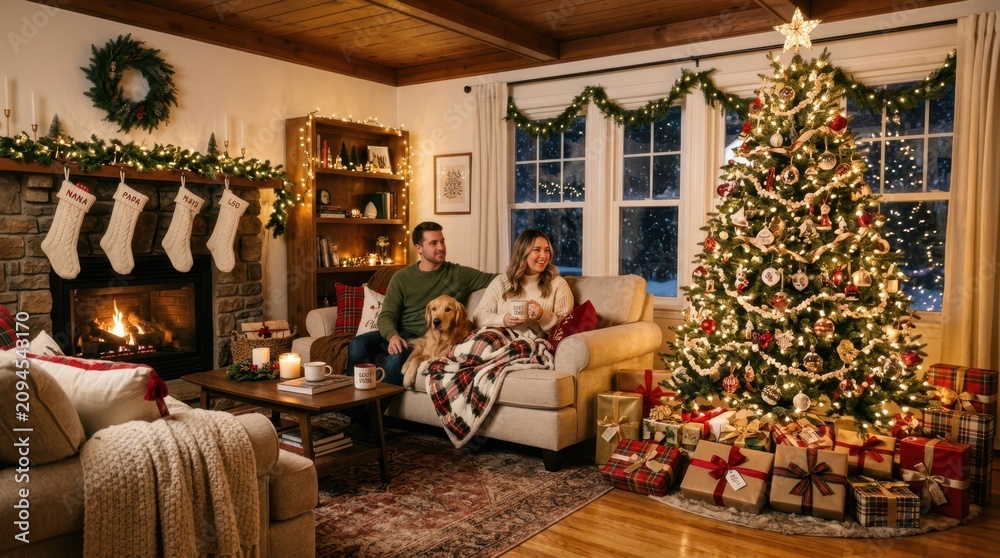 Obraz premium Cozy Christmas living room with family, dog, and decorated tree
