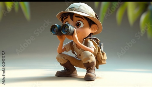 young explorer crouching with binoculars, wearing a pith helmet and backpack beneath a leafy canopy, curious and excited expression