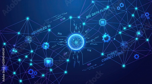 Futuristic dark blue digital grid with glowing nodes representing advanced AI technology and data network connections.