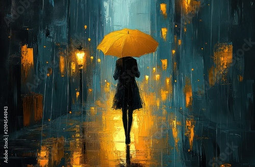 Solitary person walking beneath a yellow umbrella on a rainy city street at night, glowing lamplights and reflective puddles creating a contemplative, melancholic mood