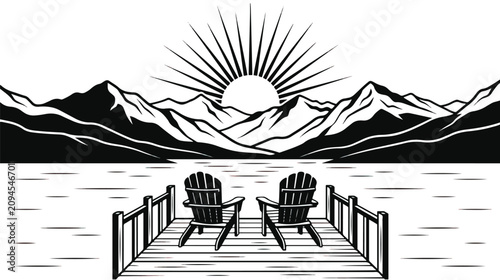 Foto Vintage mountain landscape vector, adirondack chairs on wooden dock by lake, sce