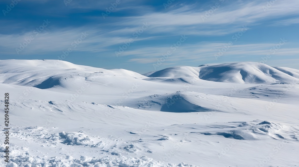 Fototapeta premium A vast snowy landscape of rolling hills and dunes under a clear blue sky with wispy clouds