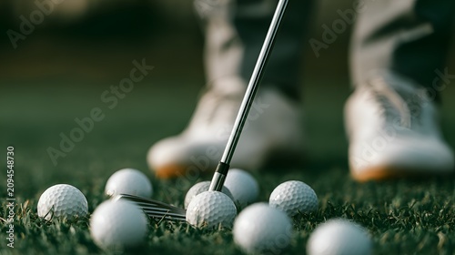 Golf club and multiple white golf balls on green grass during a practice session