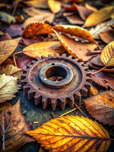 rusty gear among fallen autumn leaves sits still