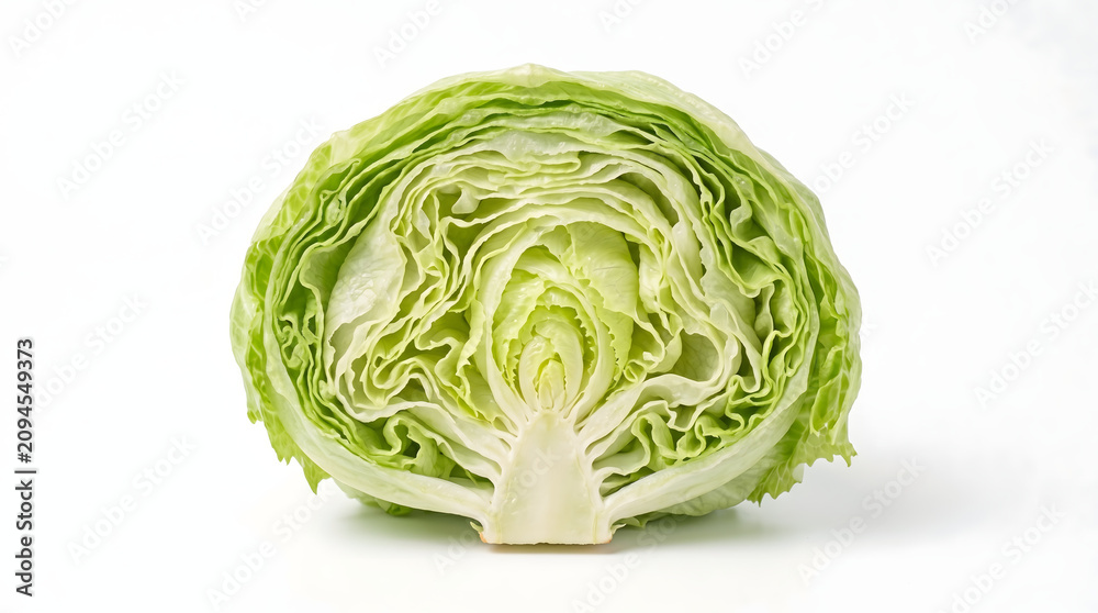 Obraz premium Fresh Half Head of Crisp Green Iceberg Lettuce Vegetable Isolated on White Background