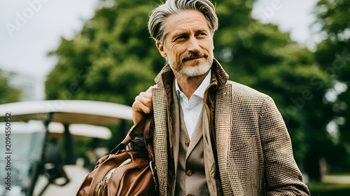 Stylish mature man with grey hair and beard carrying a leather bag outdoors, exuding confidence and elegance