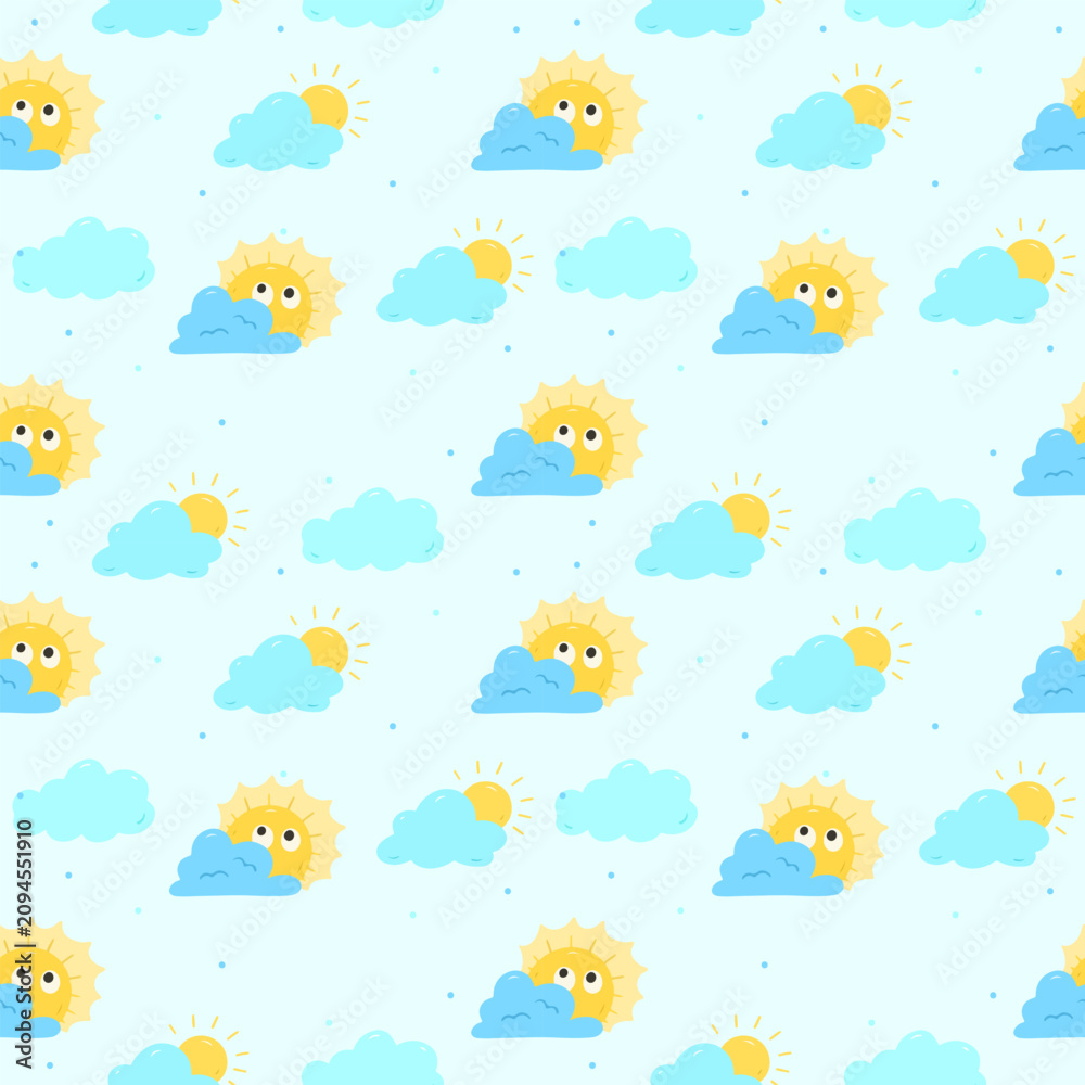 Obraz premium Cute Sunny Cloud Seamless Pattern with Kawaii Weather Background