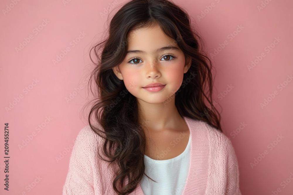 Fototapeta premium Portrait of an anonymous woman with long wavy brown hair in a pink cardigan and white top against a soft pink background, conveying a calm, cozy, serene mood
