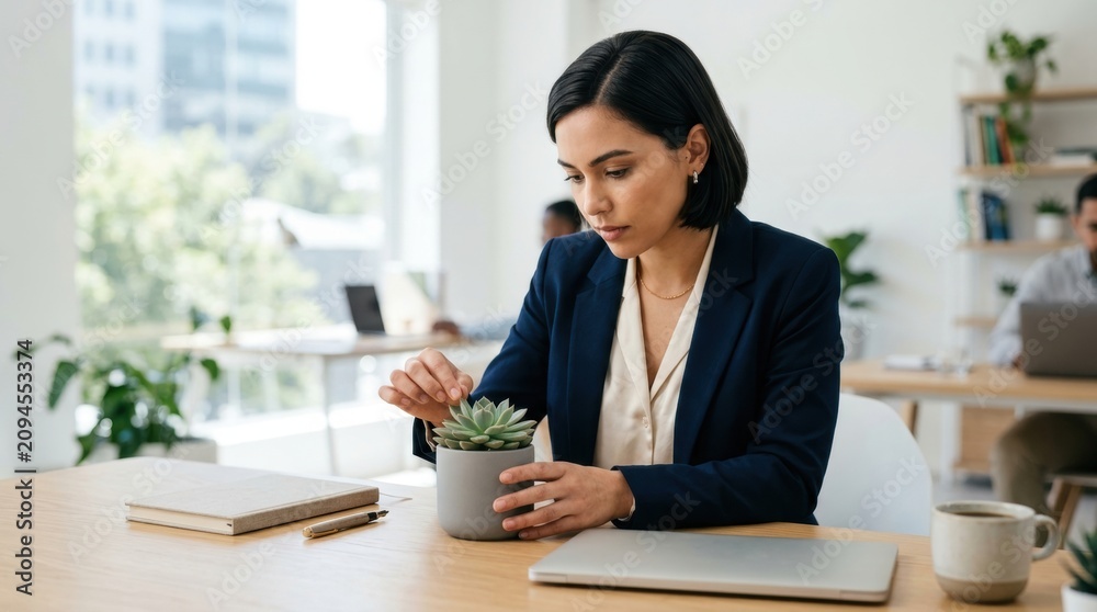 Obraz premium Model adjusting desk plant works, professional woman in office setting, holding succulent plant