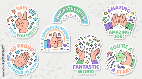Fotografie colorful stickers with congratulatory messages and hand gestures.