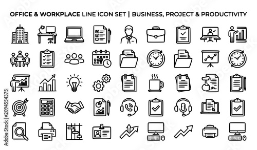 Modern office workplace web icon collection with business collaboration document management and productivity outline symbols vector set