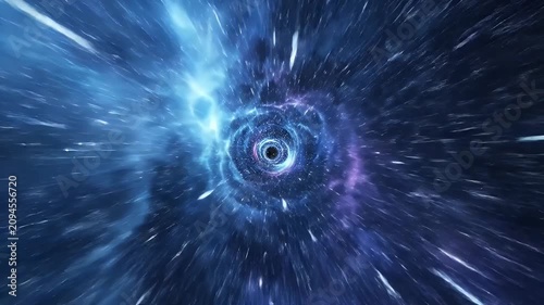 Cosmic Wormhole Tunnel Traversal with Starry Nebula and Black Hole