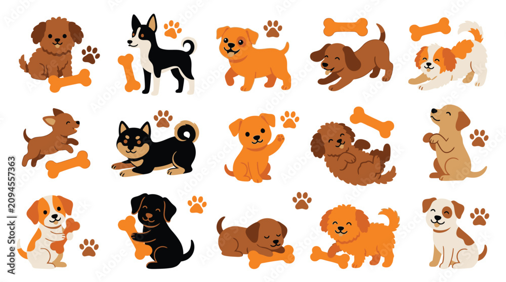 Fototapeta premium Cute cartoon dogs and puppy collection with orange bones and paw prints set design.