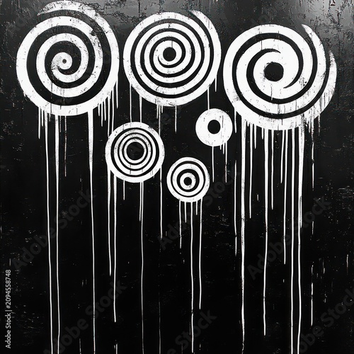 white concentric spiral circles painted on a textured black wall with long downward drips, creating a hypnotic and eerie mood