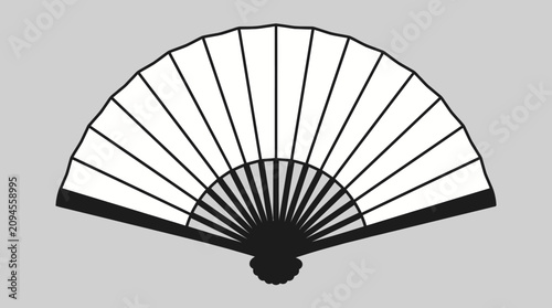 Minimalist black and white folding hand fan icon isolated on grey background