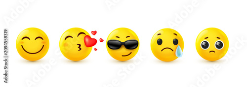 Valokuva 3d emoji icons set, realistic yellow emoticon with air kiss and heart, happy smile and pleading eyes, face in cool sunglasses and sad crying with tear