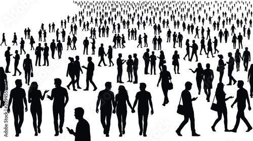 Black silhouette vector illustration featuring a dense crowd of diverse people walking in urban space