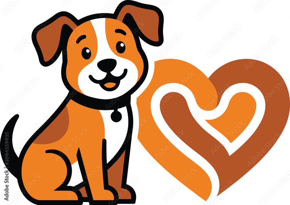 Fototapeta premium Cute beagle puppy sitting next to stylized orange heart symbol for pet lovers.