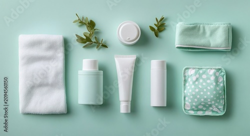 calming spa essentials flat lay with folded towel, cleanser bottles, cream jar, lotion tube, headband, polka dot pouch and green leaves on mint background, fresh and soothing