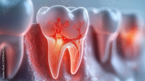 Close-up row of molars with one tooth showing inflamed red pulp and branching nerves, highlighting dental pain and internal tooth anatomy