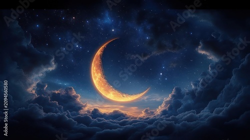 golden crescent moon glowing above and nestled in soft clouds under a starry deep blue sky, creating a serene dreamy magical atmosphere of wonder
