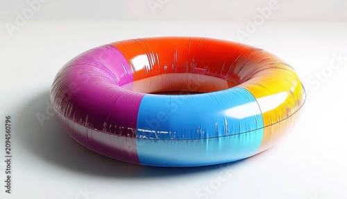 glossy multicolored inflatable swim ring with purple blue orange and yellow panels on white surface, playful and cheerful summer vibe