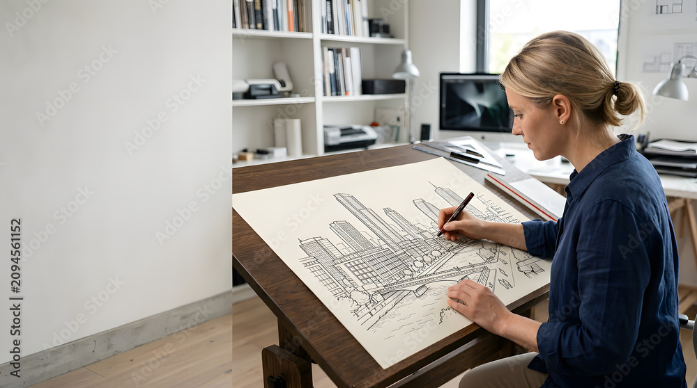 Obraz premium Female architect drawing modern city skyline sketch on drafting easel table in bright creative studio office space