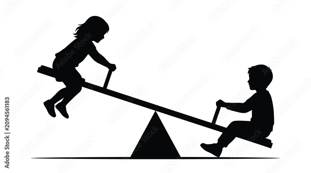Fototapeta premium A minimal black vector illustration of two young children playing together on a classic seesaw
