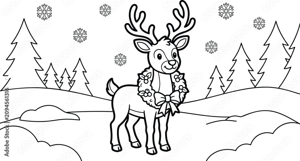 Fototapeta premium Whimsical Winter Reindeer Outline Drawing in Snowy Landscape for Creative Coloring Activity Fun