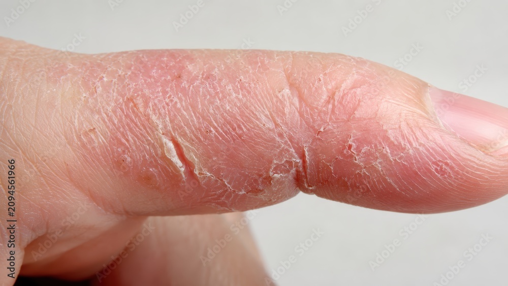 Fototapeta premium Close up of dry cracked skin on human finger affected by severe flaking and peeling condition