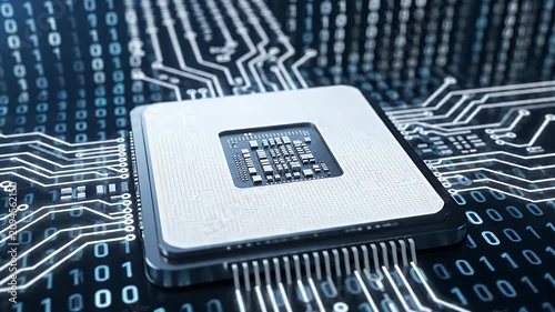 Close Up of Microchip on Circuit Board with Binary Code Background
