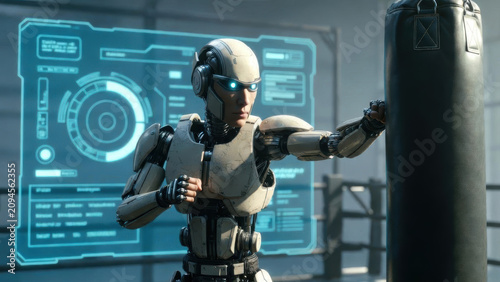 Futuristic robot training in gym with punching bag and holographic interface, focused metallic android practicing combat technique confidently