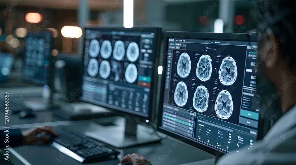 Fototapeta premium A person examines detailed brain scans displayed across multiple computer monitors in a dimly lit medical or research facility