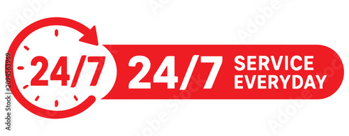 Obraz na plátně Red 24/7 service everyday icon, round the clock customer support badge, twenty f
