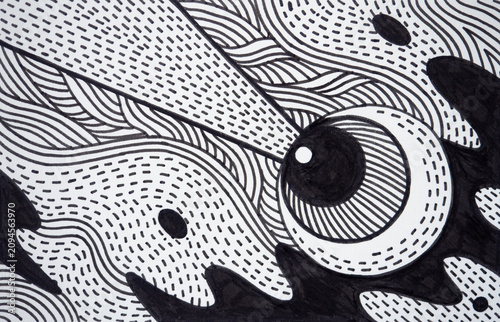 doodle sketch hand drawn surreal eye character look watch in space universe black white drawing art design illustration background abstract mind mental health healing meditation concept light vision