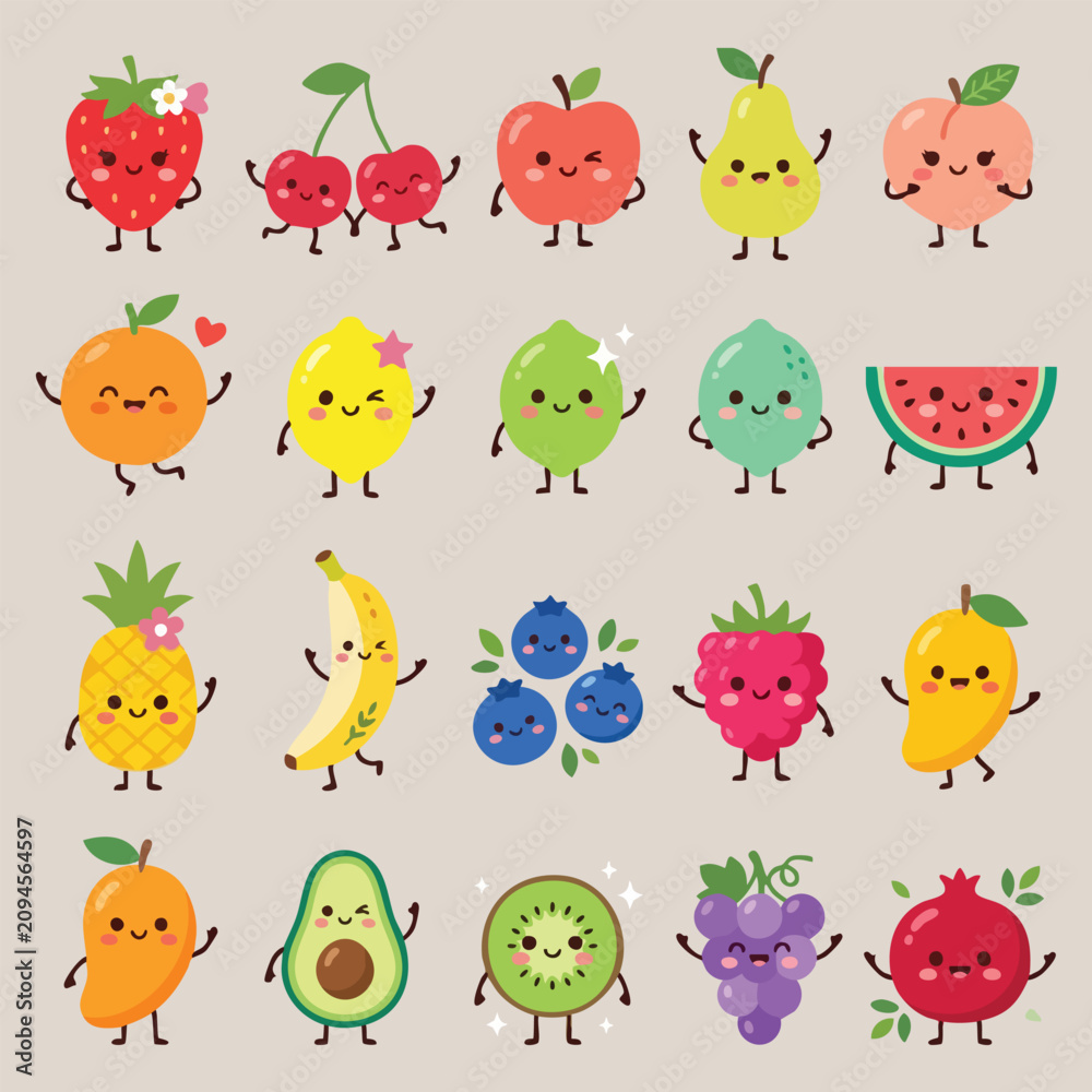 Fototapeta premium Cute fruit characters set, happy cartoon fruits, healthy food icons, flat vector illustration