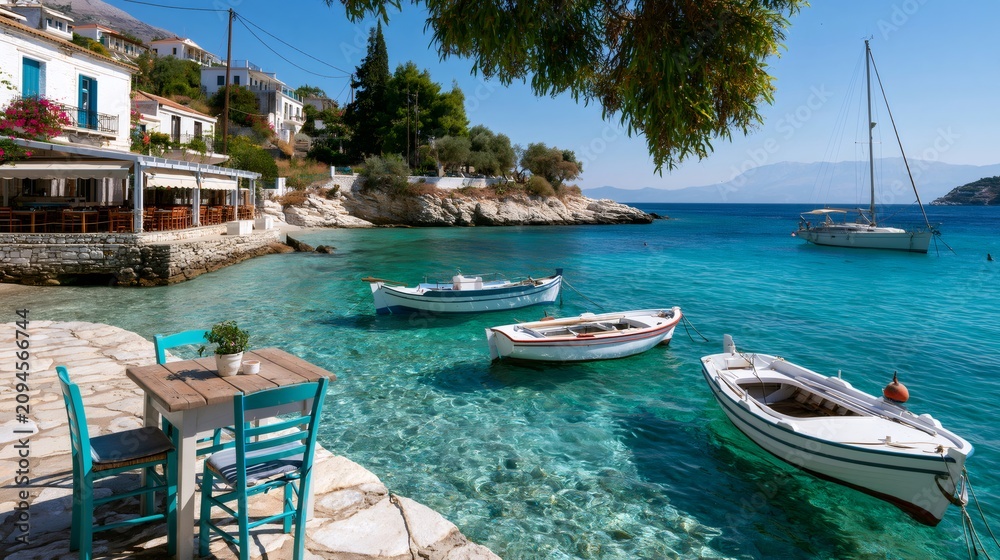 Obraz premium Kioni village bay with turquoise ionian sea and traditional boats