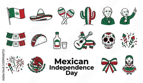 Hand Drawn Mexican Independence Day Vector Icons Set with Flag, Sombrero, Maracas, and 'Mexican Independence Day' Text
