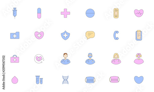 Set of flat colorful medical icons, for hospital, clinic, pharmacy, laboratory. Isolated on white, vector illustration.