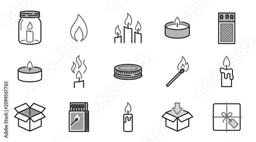 Bild auf Leinwand Candle Icons Set: Jar, Tealight, Matchbox, Burning Flame, Gift Box