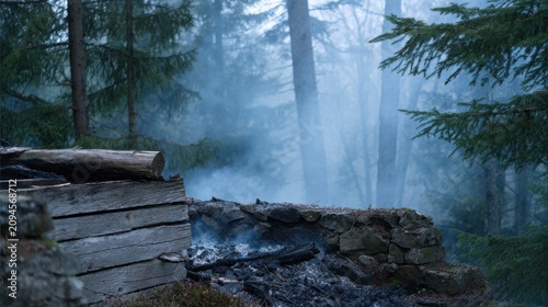 Eerie Forest Landscape with Rising Smoke, Charred Wood, and Stone Wall