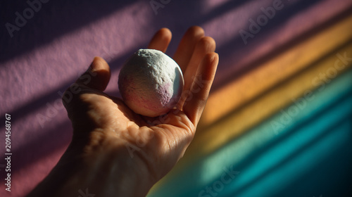 Person holding a small white round object in palm with rainbow light streaks