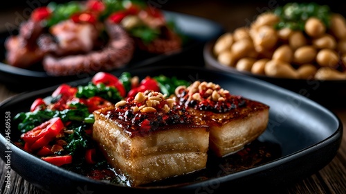 Braised pork belly with chili sauce, peanuts, and fresh vegetables served on a dark plate